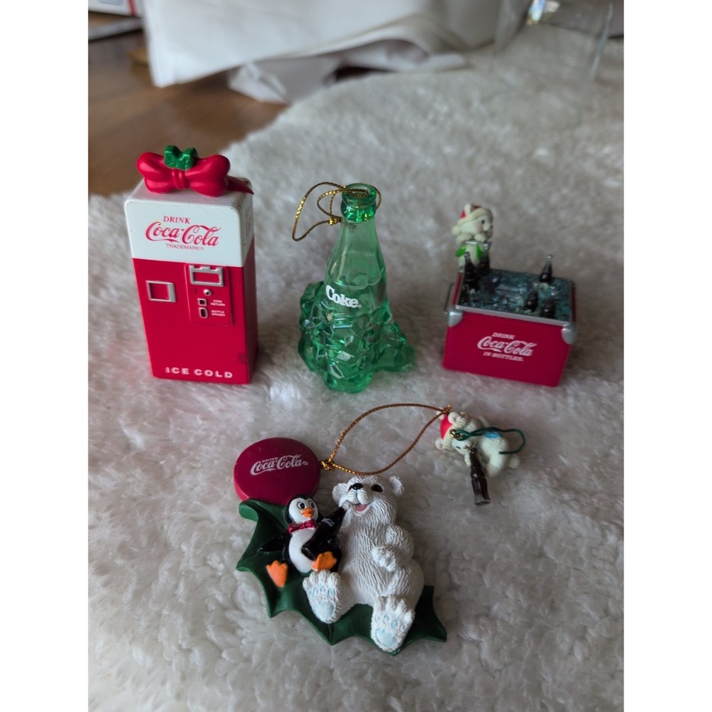 Vintage Coca Cola lot of 5 Christmas Ornament  1990's machine & chest bears